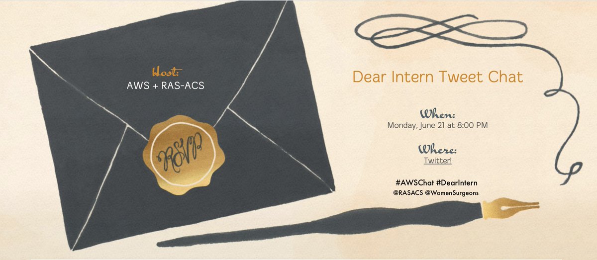#DearIntern, are you nervous? Don't be! We have all the tips &amp; tricks from your new surgery family, presented by <a href="/WomenSurgeons/">WomenSurgeons</a> and <a href="/RASACS/">RAS-ACS</a> #awschat
Join us right here on Twitter, this Monday, June 21st!