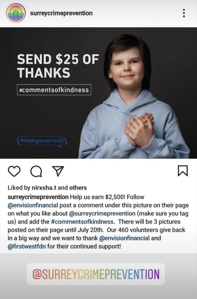 PreventCrimes's tweet photo. How would you like to help us earn $2500? Head to @EnvisionFin on Instagram & FB, find this picture & post a comment about our amazing team of over 460 #volunteers make sure you tag us. Use the #commentsofkindness contest runs until July 20. Thanks for your #support https://t.co/tvvkXQnhHZ