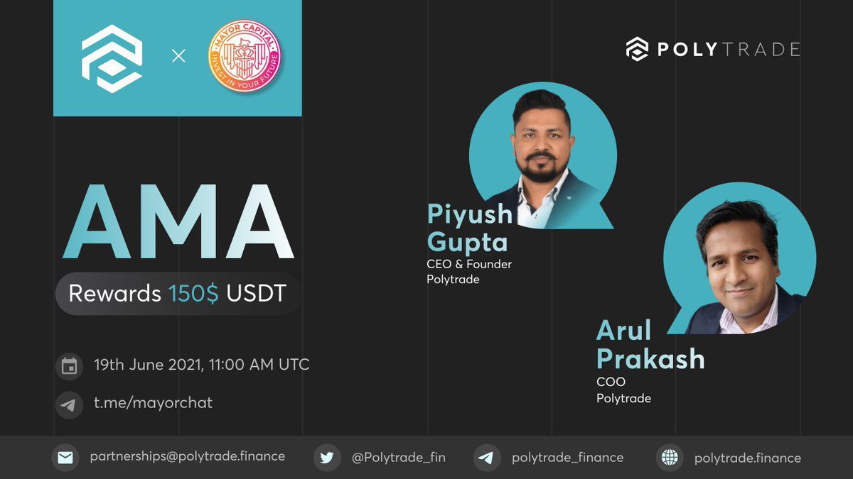 Polytrade_app's tweet photo. 💥 @Polytrade_fin is thrilled to join #AMA session with @mayor_capital

Piyush Gupta, CEO &amp; Founder and Arul Prakash, COO at Polytrade will be joining their community to answer your questions.

🕒 When: 19th June, 11 AM UTC
🌐 Where: https://t.co/h0JOQeiH5g
🤑 Rewards: 150$ USDT https://t.co/tfQdhXdmMX