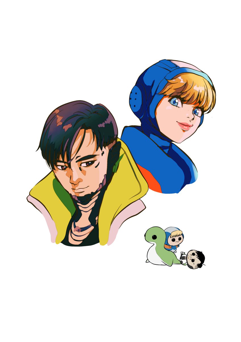 crypto (apex legends) ,wattson (apex legends) 1girl 1boy jacket black hair animification hood blue headwear  illustration images