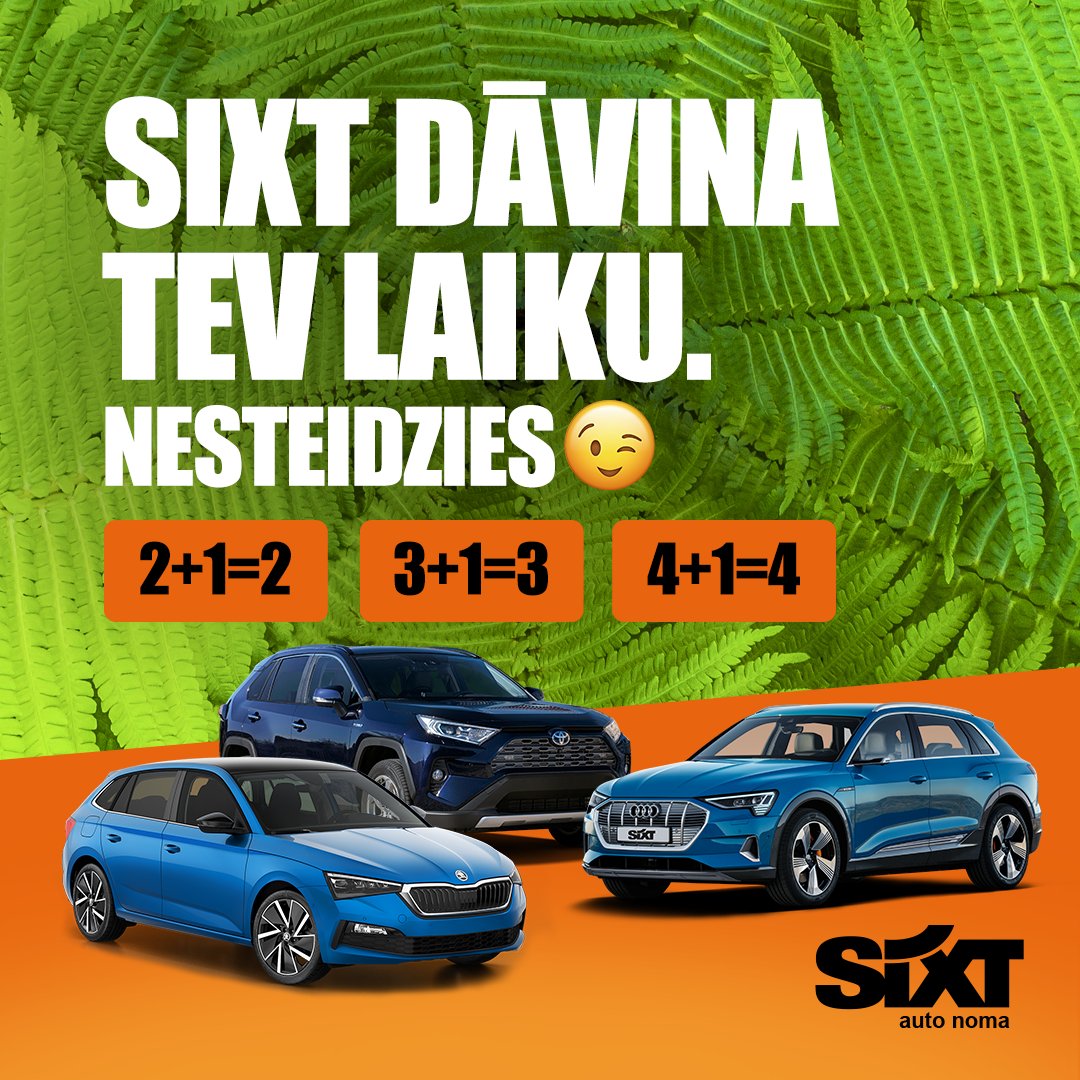 SIXT Tev šajos saulgriežos dāvina laiku! 
Nomā auto uz 2️⃣, bet saņem uz 3️⃣ dienām!
👉 Akcija spēkā no 22.- 27. jūnijam, rezervējot auto SIXT mājas lapā sixt.lv, zvanot 67207121 vai rakstot rent@sixt.lv.
Minimālais nomas periods - 2 dienas. 
#SIXT #Līgo #Līgo2021