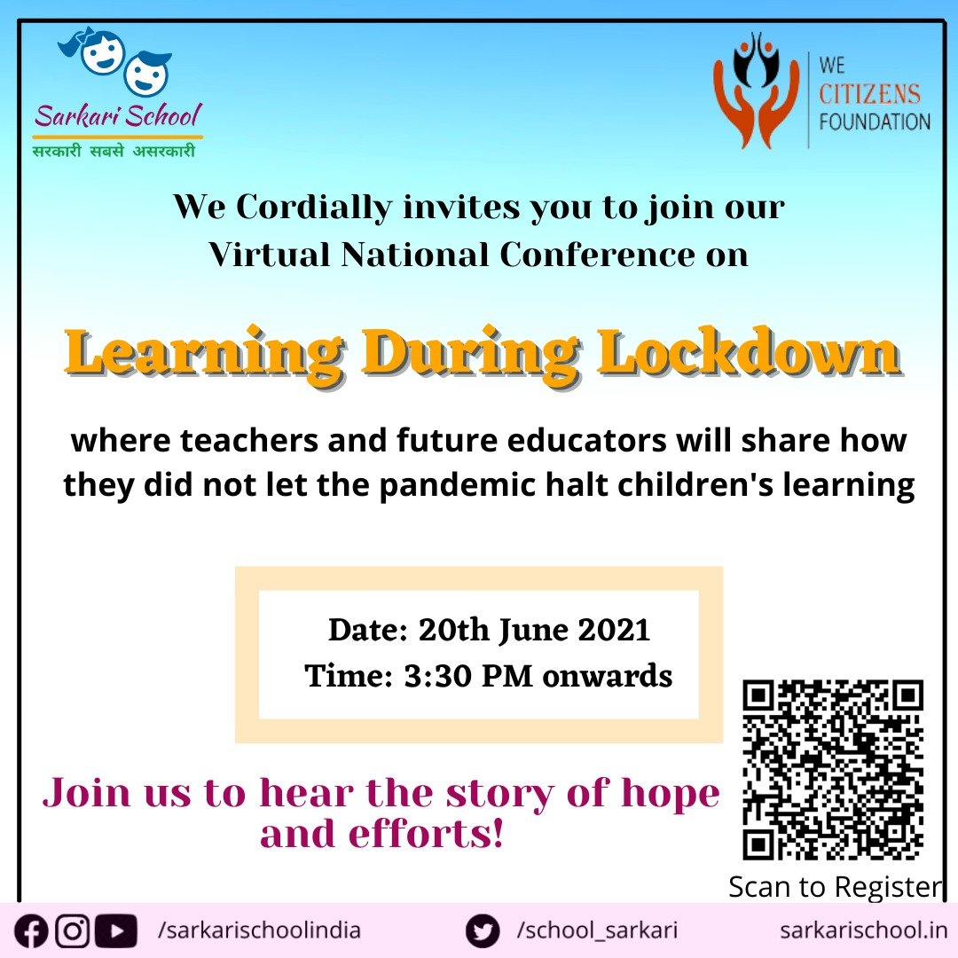 school_sarkari's tweet photo. We are organizing a Virtual National Conference on the topic of "Learning During Lockdown" on 20th June 2021.

Youth from across the country, and many inspiring teachers, will attend this event.
 
Register here:  https://t.co/ht59C8Vntn

#learningduringlockdown #sarkarischool https://t.co/lLDNAdUwGG