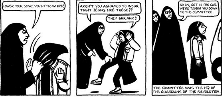 _Mallory23's tweet photo. @BoneysDr I discussed this panel a little in my flipgrid this week. We see these women stereotyping the way she is dressed as a "whore" because she has tighter clothing and isn't covering her hair all the way. I think this is to show how women feel in society today, punished if... https://t.co/UUo9B5HgkV