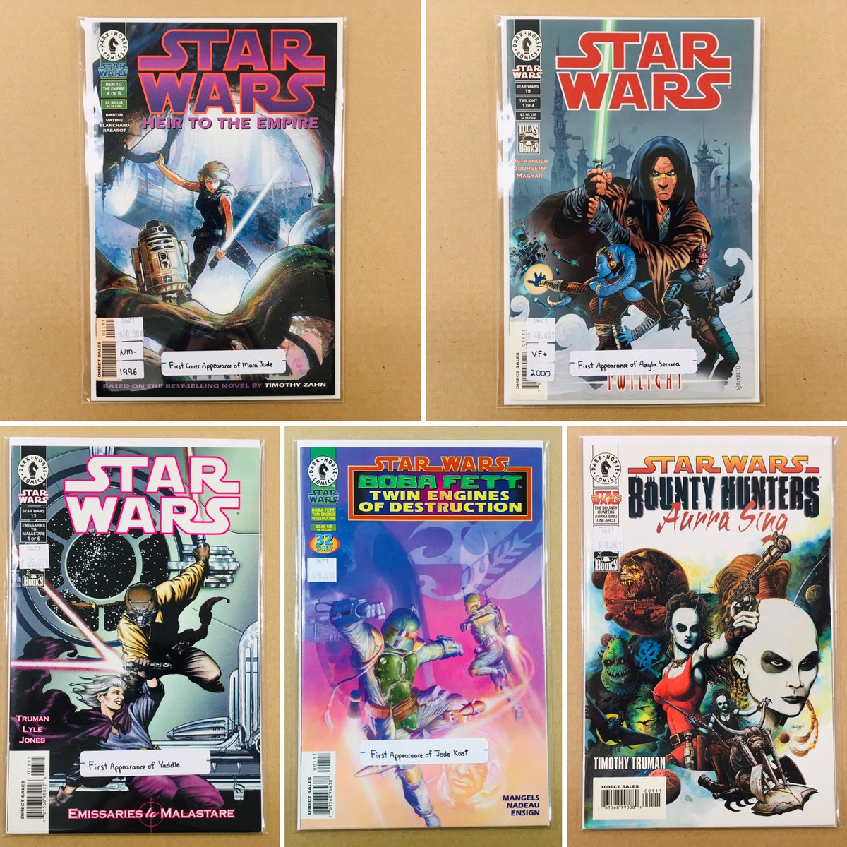 CosmicComicsLV's tweet photo. #StarWars issues added to the case and #CosmicBackWall. Including the #FirstAppearance of #AaylaSecura #Yaddle #JodoKast. And the #FirstCoverAppearance of #MaraJade.
#BobaFett #AurraSing #BackIssues #DarkHorseComics #Comics #LasVegas #getyourfix #NerdCulture702 https://t.co/mrRim8ktBc