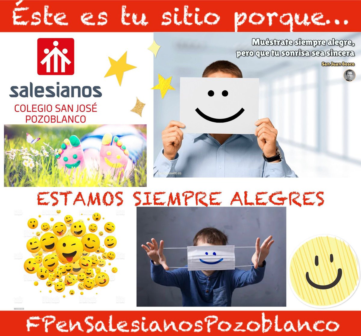RAZÓN10: Una característica esencial de nuestro colegio es estar siempre alegres como decía nuestro fundador Don Bosco. Esta alegría se siente y se contagia  en nuestra vida. 
¡Ven a la FP de Salesianos ¡Te esperamos! #Ésteestusitio #Creciendojuntos #SomosUno