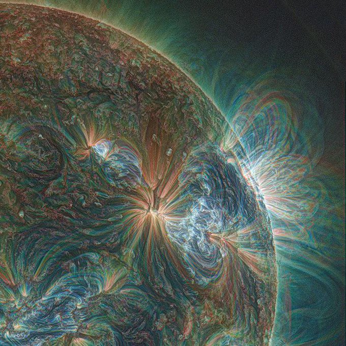 konstructivizm's tweet photo. The sun through a UV lens
This image is a combination of three different wavelengths of UV (171, 193, and 211 Angstroms), taken by the AIA telescope on NASA's Solar Dynamics Observatory (SDO). https://t.co/sd4MMFRjNI