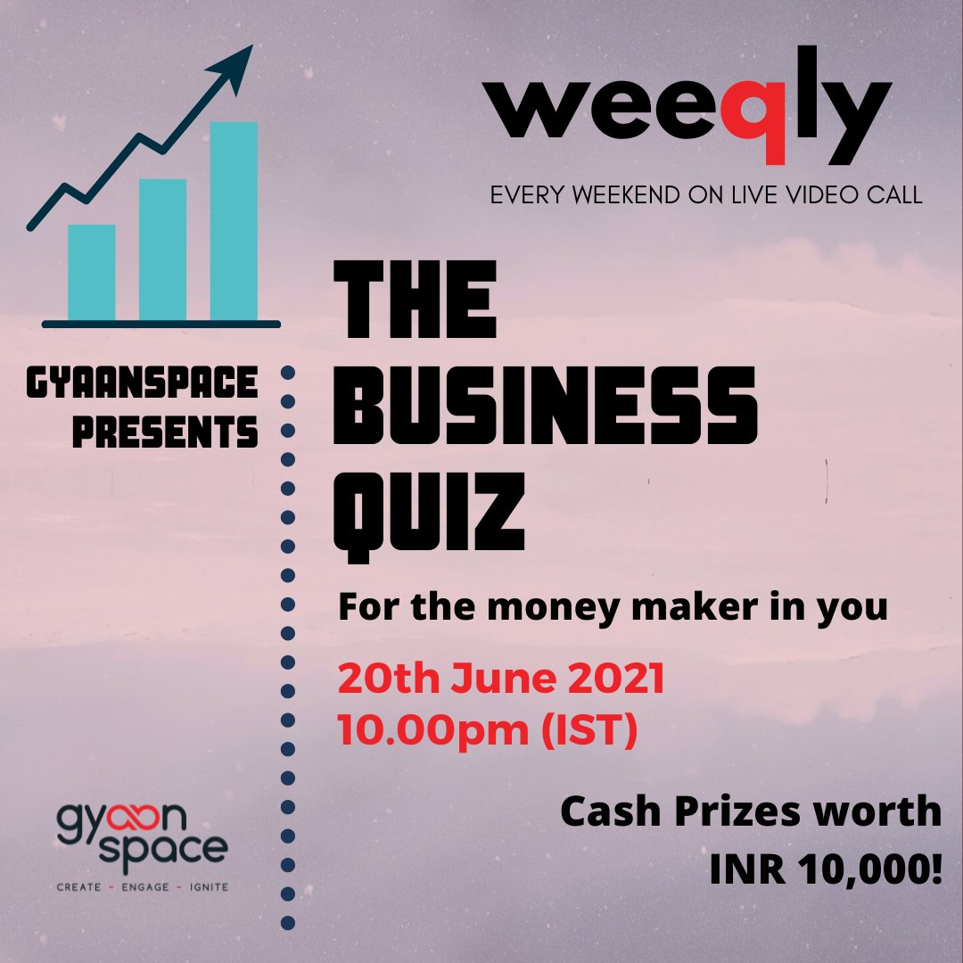 gyaanspace's tweet image. #QuizTime Join us this Sunday at 10 PM for a fun #quiz on #business and #brands. INR 10000 in cash prizes to be won. Register here - bit.ly/3fTIgo4