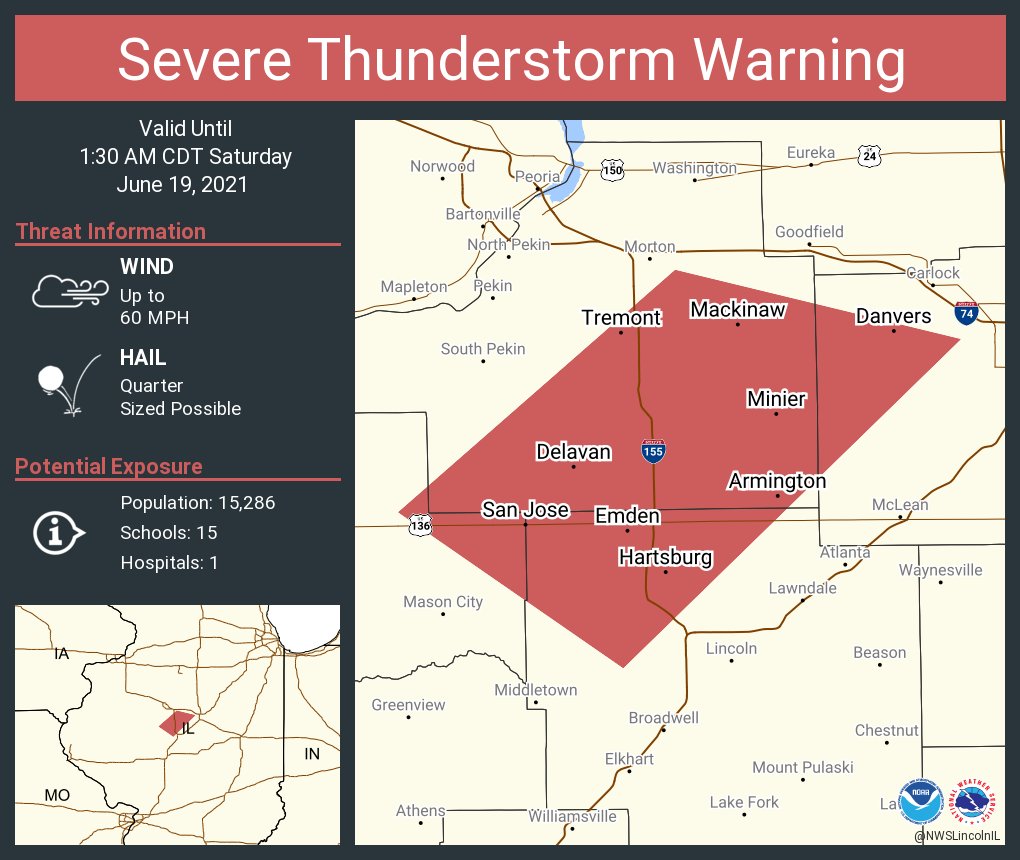 NWSSevereTstorm's tweet photo. Severe Thunderstorm Warning including Tremont IL, Mackinaw IL, Delavan IL until 1:30 AM CDT https://t.co/jDJhg244iD