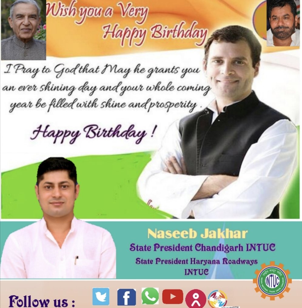 ChandigarhIntuc's tweet photo. कांग्रेस के पूर्व अध्यक्ष श्री राहुल गांधी जी को चंडीगढ़ इंटक परिवार की ओर से जन्मदिन की हार्दिक शुभकामनाएं। https://t.co/A7XX6LUzKV