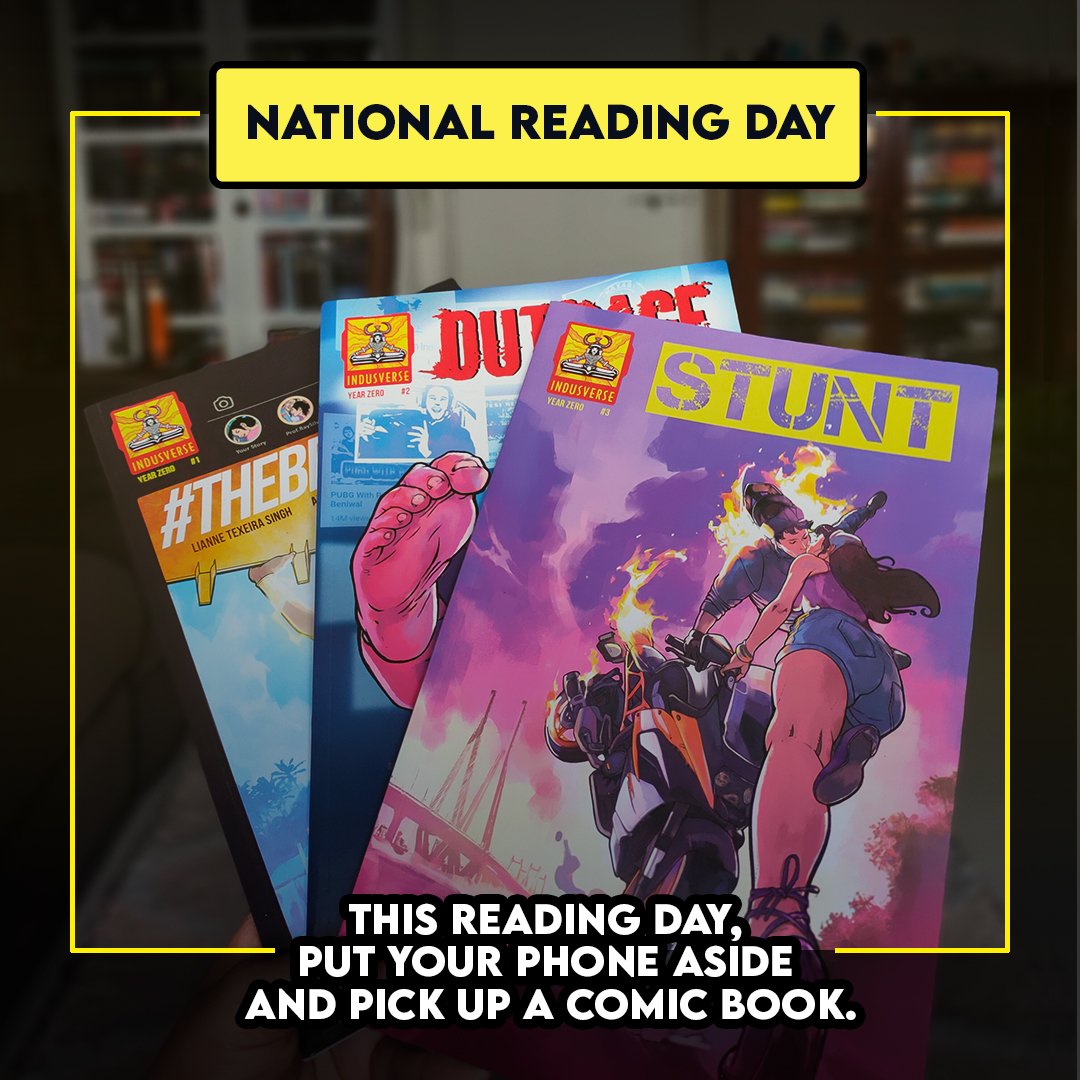 This Reading Day, Put your phone aside and pick up a comic book. #Indusverse #TheBeginning #Stunt #Outrage #nationalreadingday #19june #reading #bookstagram #book #booklover #read #readersofinstagram #love #booksofinstagram #reader #bookaholic #readingtime #indiancomic