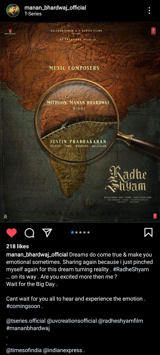 #RadheShyam First Single On It's Way 💘💖
Via - #MananBharadwaj Hindi Music Director.....