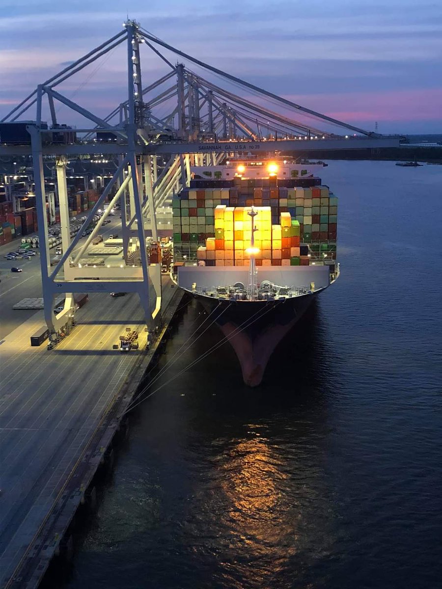 Work never stops at Georgia Ports! Five ship-to-shore cranes work the 15,000-TEU CMA CGM vessel, Argentina, at the Port of Savannah on Friday night. #georgiaports #gaports #portofsavannah