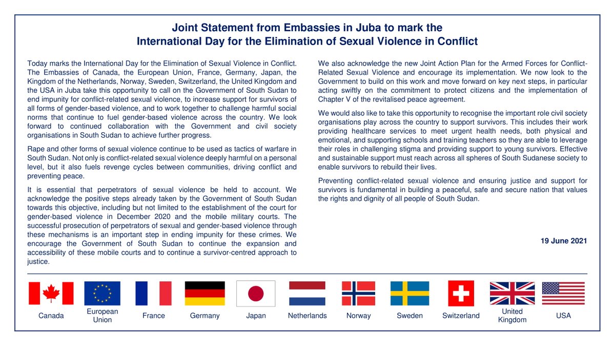 Joint Statement from Embassies in Juba to mark the International Day for the Elimination of Sexual Violence in Conflict