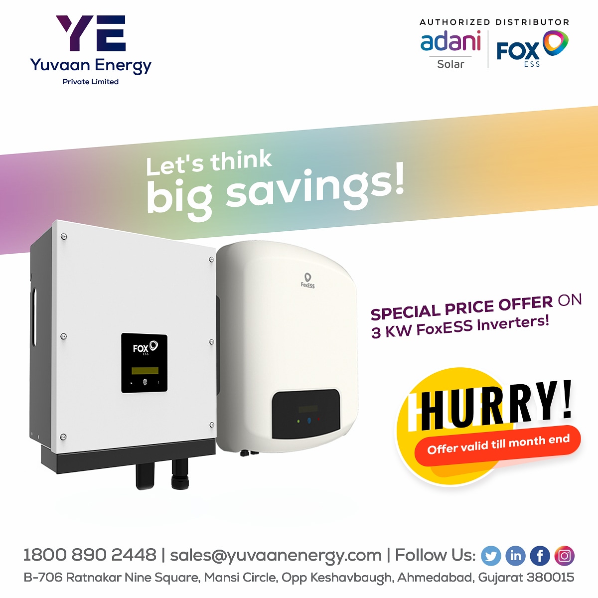 Let's think Big Savings now!

Get Special Price Offer on 3 KW FoxESS Inverters!

Hurry, Offer valid till month end only!

Call us to inquire more.

#yuvaanenergy #adanisolar #foxessinverter #specialpriceoffer #priceoffers #specialprice #solarinverters #inverters #invertersystems