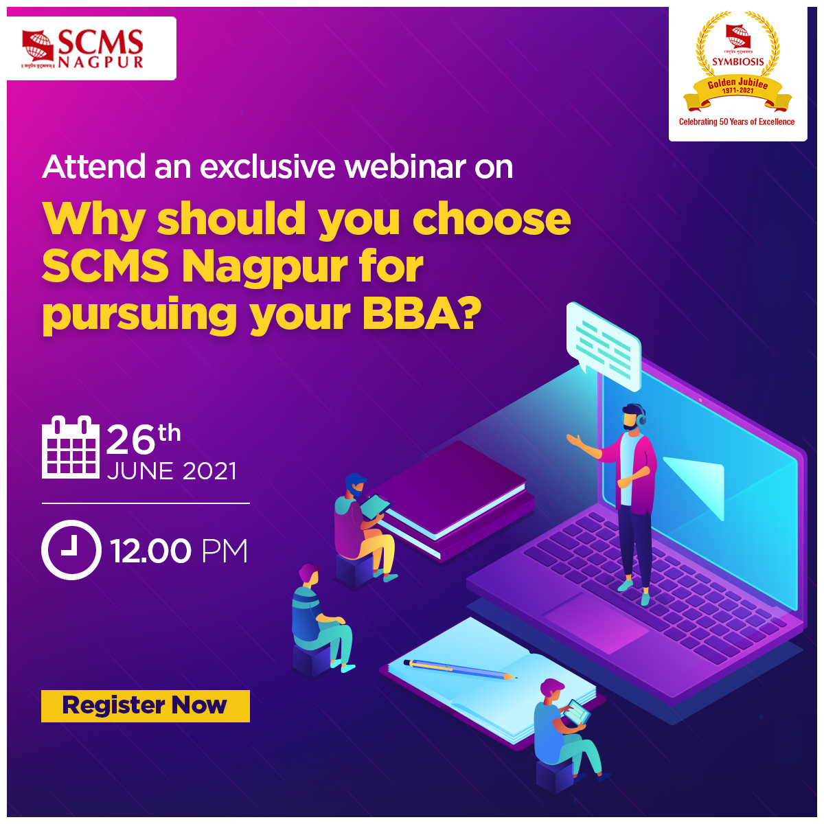 SCMS_Nagpur's tweet photo. Attend an exclusive webinar on 'Why should you choose SCMS Nagpur for BBA?'.

Date &amp; Time: 26th June '21, 12 PM

Don't miss out on the insightful glimpse into SCMS Nagpur!

Register here: https://t.co/aUWBuJKF66

#Symbiosis #SCMSNagpur #BBA #Webinar #Nagpur https://t.co/BT7sbveFEM