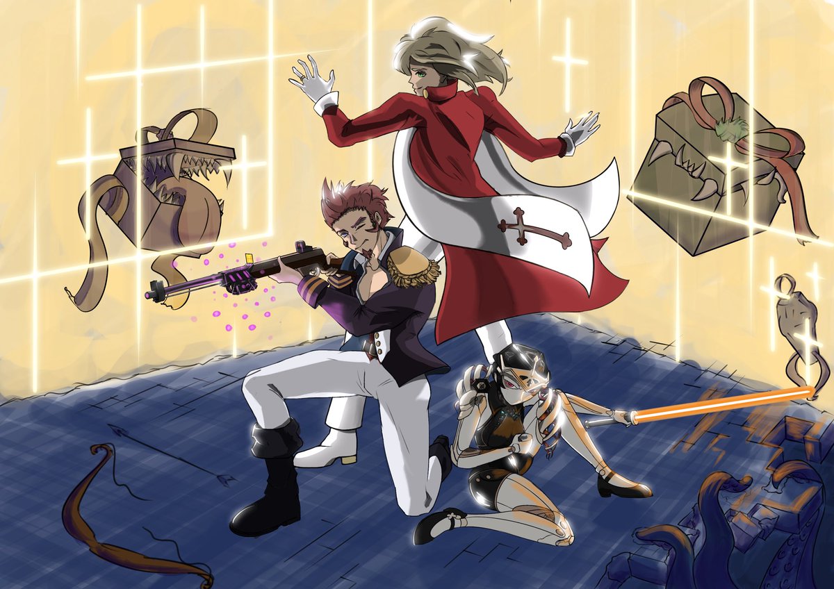 Warpswirl's tweet photo. A little birthday present for my friend, @GigaFen 
May your adventures be as interesting and nerve-wracking, as they are worthwhile. Happy birthday. 
And thanks @DooEnnme for the assistance. 
Characters are inspired by #fgo #trinityblood and a “Little Conductor” by Yeongjin Jeon. https://t.co/q63YSMjJrR