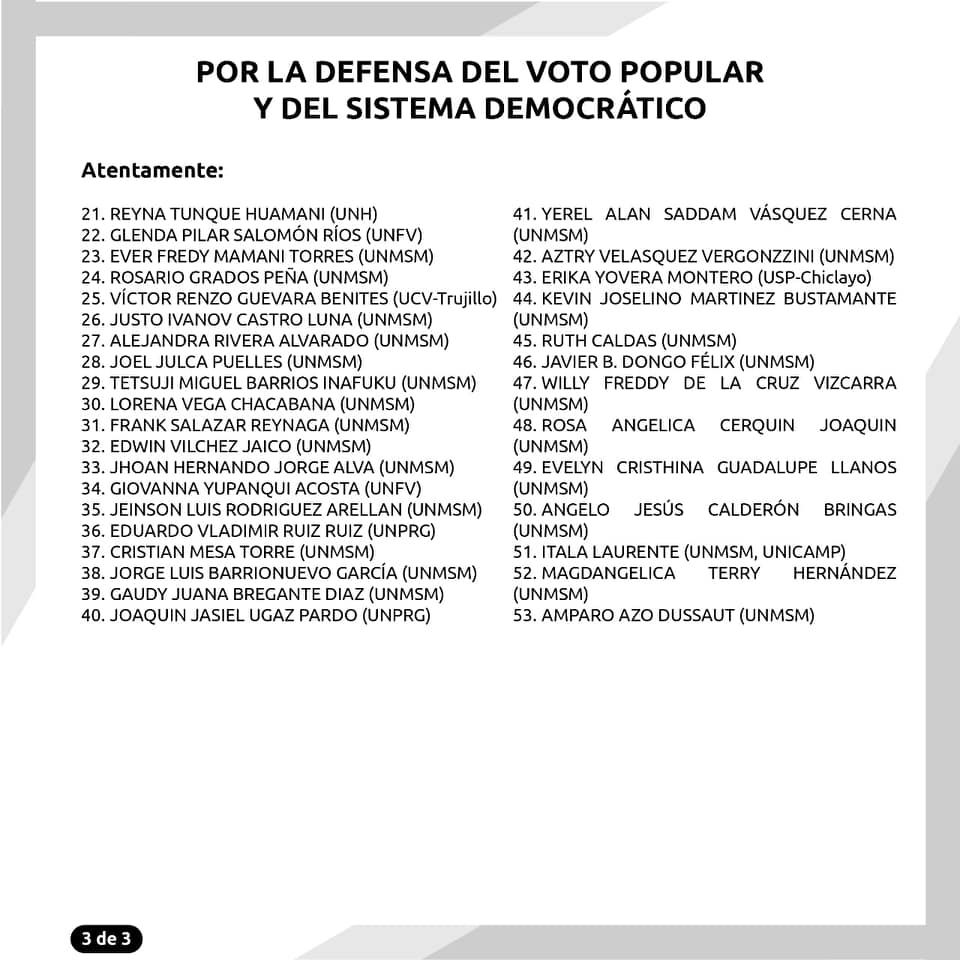 MiroRada's tweet photo. Los politólogos, de diferentes casas de estudios de todo el Perú, firmantes del siguiente pronunciamiento, exigimos a los actores políticos que respeten las decisiones de los entes electorales y el voto popular.
Está en peligro la democracia y la unidad de la República. https://t.co/v2s3LtPRwW