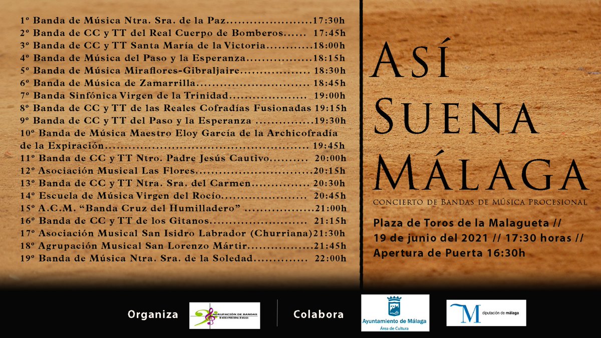 ConsejoBandas's tweet photo. Desde el @ConsejoBandas, queremos desearle mucha suerte a @fedbandasmalaga, en la organización del acto "ASÍ SUENA MÁLAGA", que se celebra hoy en la plaza de Toros de la Malagueta.

 @uniondecordoba, @BandasCJaen 
#BandasAND
#ConsejoAndaluzdeBandas
#FBMPMálaga https://t.co/euTSsMewy9