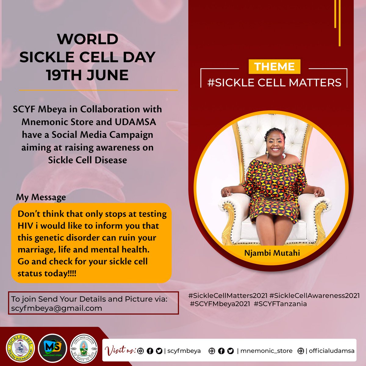 scyfmbeya's tweet photo. World Sickle Cell Disease Awareness day 19th June, let's spread the word.

Thanks to @scyfmbeya @mnemonic_store &amp; @officialudamsa

 #sicklecellmatters2021
#SickleCellMatters2021 #MSSickleCellDay2021 
#SCYFMbeya2021
#SCYFTanzania
#Mnemonic_Store
#SickleCellAwarenessDay https://t.co/LmjVNUrZfQ