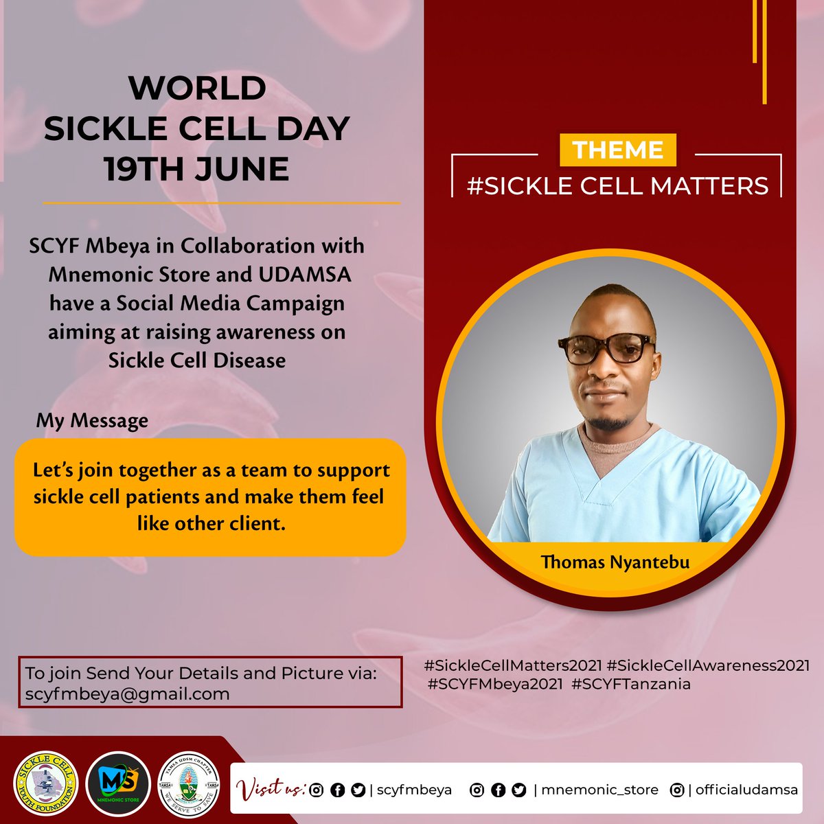 scyfmbeya's tweet photo. World Sickle Cell Disease Awareness day 19th June, let's spread the word.

Thanks to @scyfmbeya @mnemonic_store &amp; @officialudamsa

 #sicklecellmatters2021
#SickleCellMatters2021 #MSSickleCellDay2021 
#SCYFMbeya2021
#SCYFTanzania
#Mnemonic_Store
#SickleCellAwarenessDay https://t.co/LmjVNUrZfQ