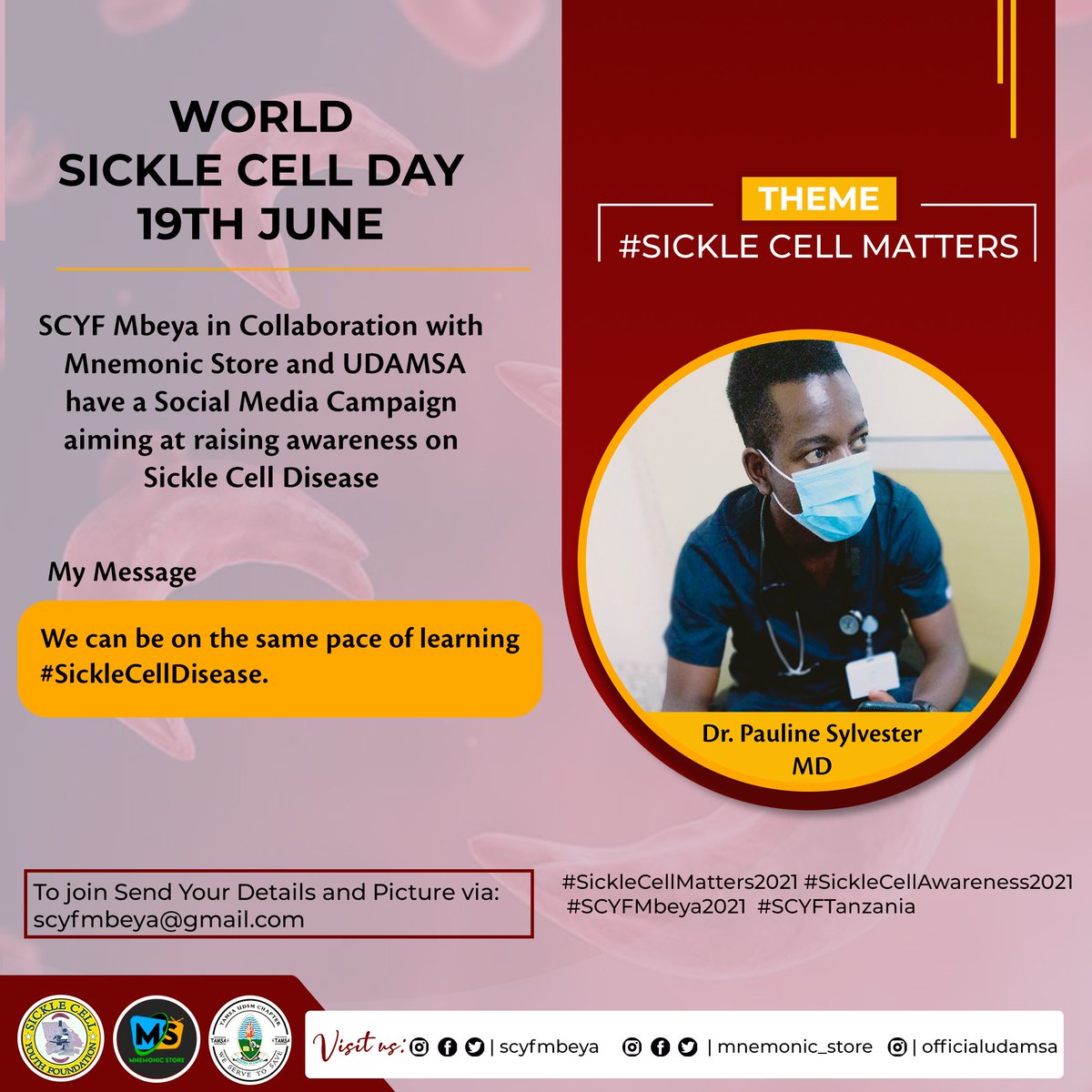 scyfmbeya's tweet photo. World Sickle Cell Disease Awareness day 19th June, let's spread the word.

Thanks to @scyfmbeya @mnemonic_store &amp; @officialudamsa

 #sicklecellmatters2021
#SickleCellMatters2021 #MSSickleCellDay2021 
#SCYFMbeya2021
#SCYFTanzania
#Mnemonic_Store
#SickleCellAwarenessDay https://t.co/LmjVNUrZfQ