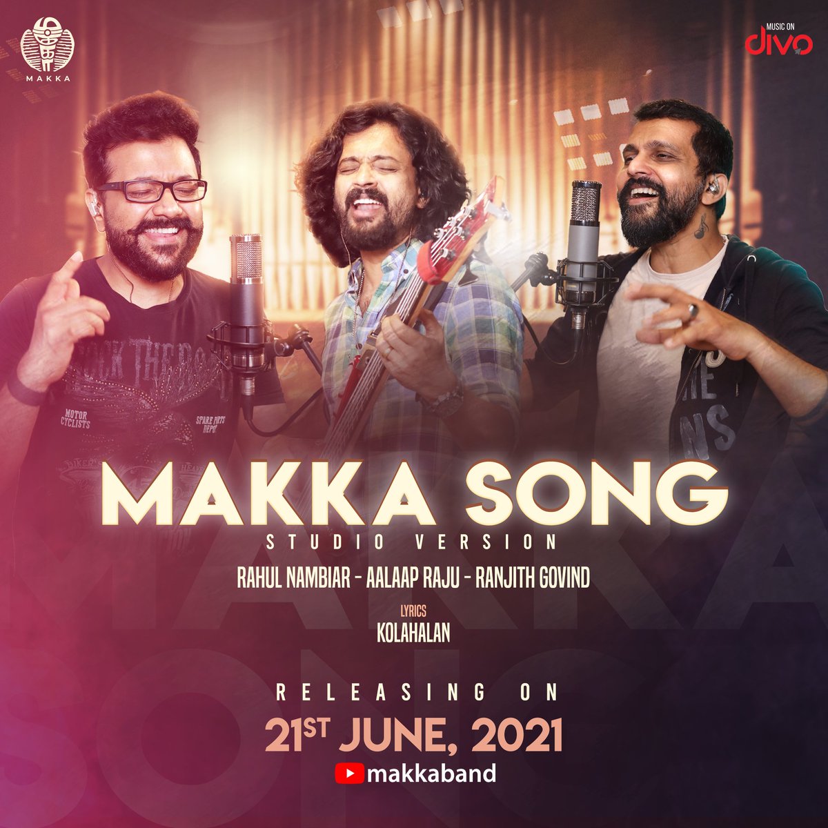makkaband's tweet photo. Makkale!! We are super excited for 'Makka Song - Studio Version'' to release on 21st of June on our youtube channel &amp; audio platforms! ✨

Composed, Sung &amp; performed by @RahulNOfficial @aalaapraju @ranjithkg 

Keys : Bhuvanesh Narayanan  
Guitars : Bruce Lee  
Drums : Siddharth https://t.co/TrCGnwZvNI
