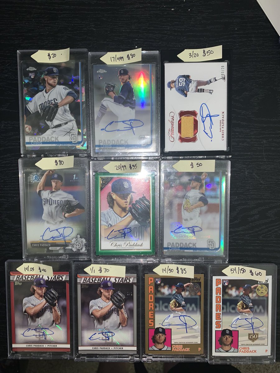 stuiesloan's tweet photo. Chris Paddack RC’s, autos, 1/1’s FS. Prices listed. Open to bulk deals. Shipping +$4 BMWT. #padres #paddack #chrispaddack #baseballcards #BST #rookiecard https://t.co/2pgYPeL3TH