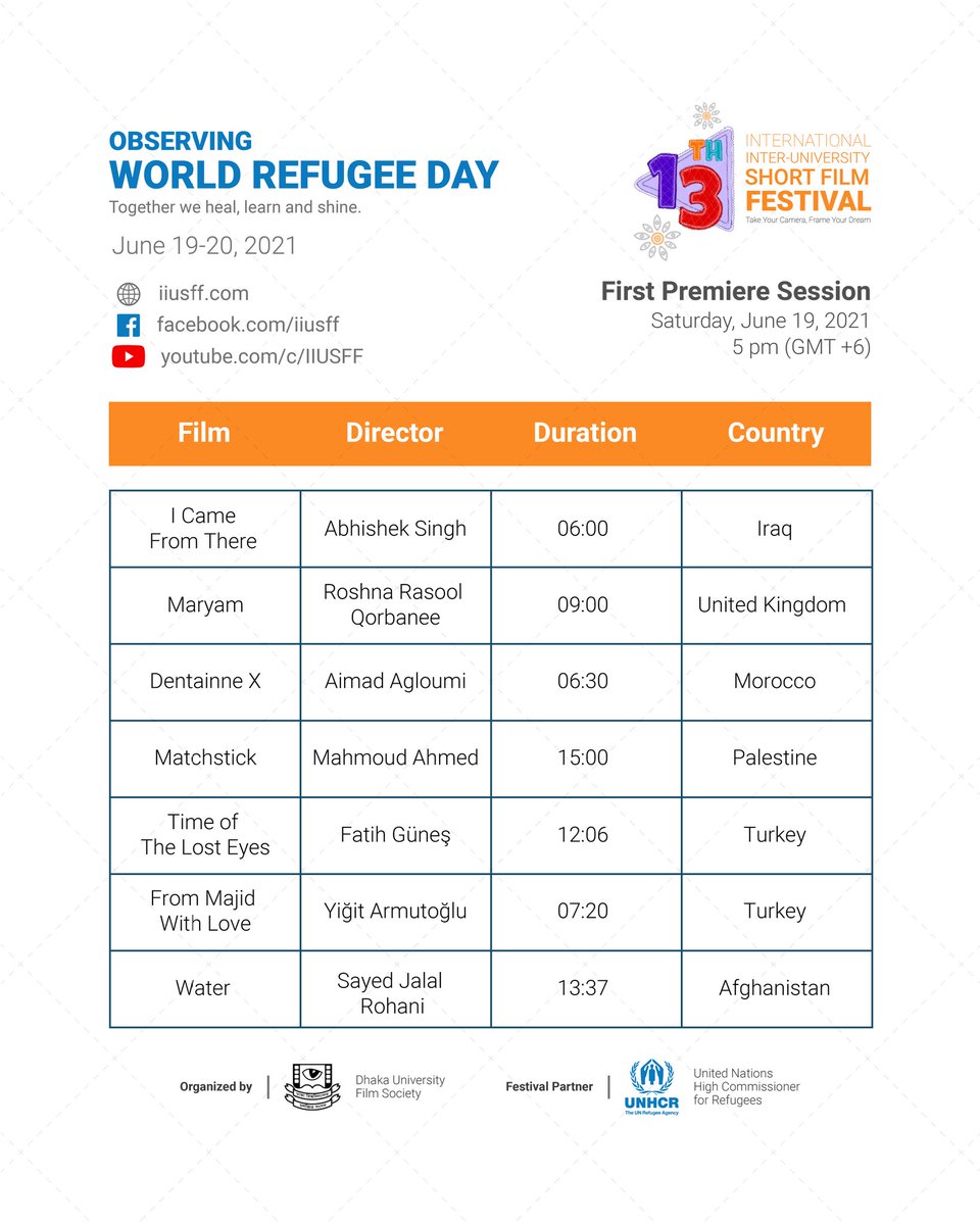 iiusff1's tweet photo. "Together We Heal, Learn and Shine"
Today & Tomorrow's schedule for Observing #WorldRefugeeDay 2021 by @DUFS_DU & @UNHCR_BGD as part of #13thIIUSFF
Join & check out all the details- https://t.co/m7RwufEUNz
#refugees #festival #filmscreening #IIUSFFTalks #3DExhibition https://t.co/B7y5VjI4s4