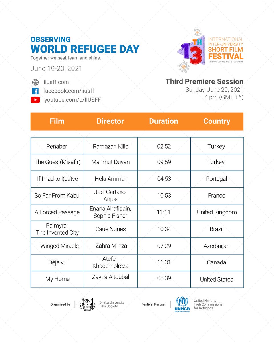 iiusff1's tweet photo. "Together We Heal, Learn and Shine"
Today & Tomorrow's schedule for Observing #WorldRefugeeDay 2021 by @DUFS_DU & @UNHCR_BGD as part of #13thIIUSFF
Join & check out all the details- https://t.co/m7RwufEUNz
#refugees #festival #filmscreening #IIUSFFTalks #3DExhibition https://t.co/B7y5VjI4s4
