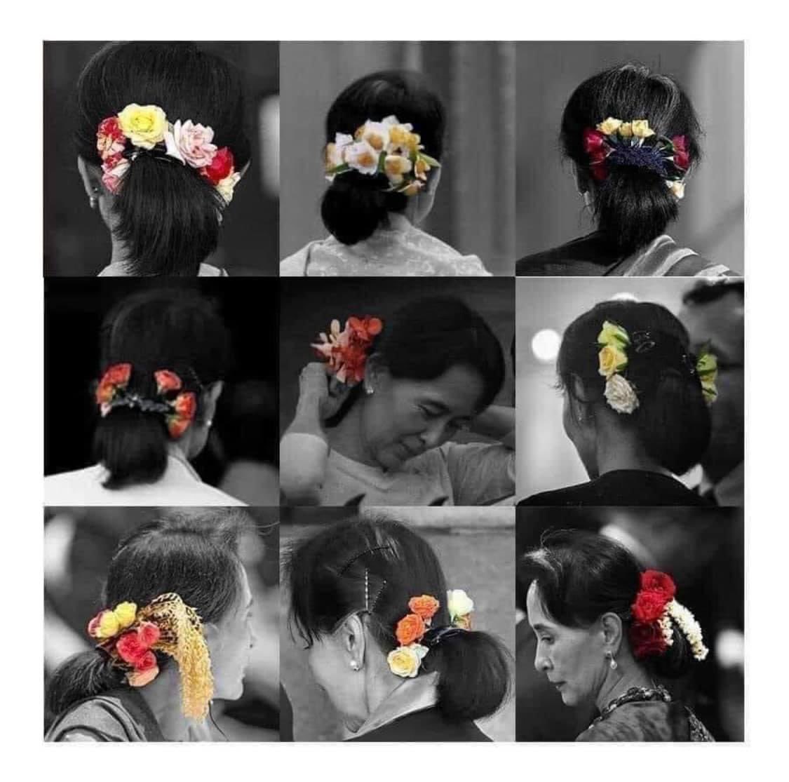 KhinHninTun3's tweet photo. Today is our leader's 76th birthday.All of Myanmar people wear flowers on their head .Can see the flowers everywhere in Myanmar today.#FreeOurLeaderDawAungSanSuKyi #19juneflowerstrike #19june2021 https://t.co/BdvODFVSik