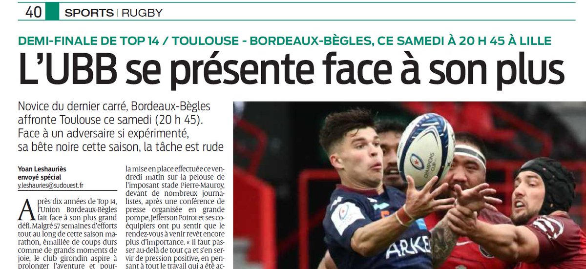 📯C'est aujourd'hui.

"L'<a href="/UBBrugby/">Union Bordeaux Bègles</a> se présente face à son plus grand défi !" via <a href="/sudouest/">Sud Ouest</a> 

Tous avec l'<a href="/UBBrugby/">Union Bordeaux Bègles</a> pour la demi-finale du #TOP14 contre <a href="/StadeToulousain/">Stade Toulousain</a> !

Le drapeau du club flotte sur la façade de l'hôtel de ville.

#BordeauxderrierelUBB
#DemiesTOP14 #ILOVEUBB