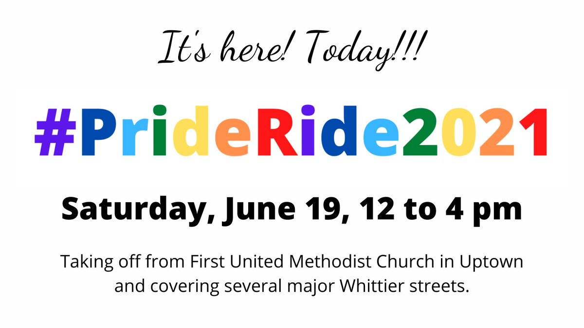PrideWhittier's tweet photo. Join us on our ride or cheer us as we drive through some of the city's major streets. Cheering stations at Central Park (on Washington side), Parnell Park (Lambert), all of the city's Starbucks and at Nekter on Whittier Blvd. 
#
#AliveAndProudInWhittier #WhittierPride #Pride2021 https://t.co/ZSwcfLVRFD