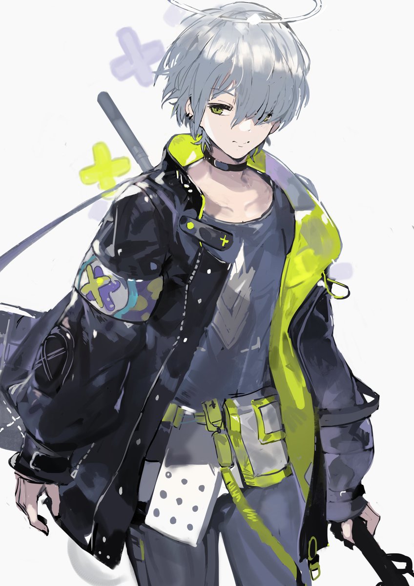 1boy male focus solo halo grey hair green eyes jacket  illustration images