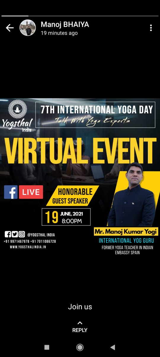 YogsthalI's tweet photo. Today's special guest mr.Manoj kumar ji*Pls Join us live on our Facebook page &amp; zoom webinar on 19th June 2021 at sharp 8 pm.*
 
*Meeting ID :- 3224331021*
*Passcode:- 009867*
*Meeting Link*
https://t.co/atkRP9vwDJ

*Facebook link*
https://t.co/RmZ5YBlyaX

*Team*
*Yogsthal India* https://t.co/QLpdfVDxDL