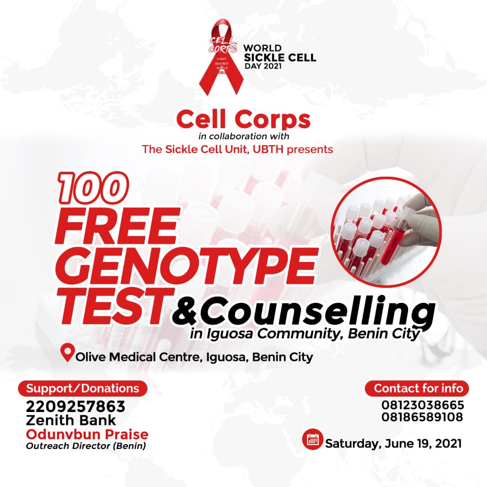 the_Izuchukwu's tweet photo. To celebrate this year's edition, we at Cell Corps Africa @CellCorps will be conducting free Genotype Testing and counselling to 100 persons at Iguosa Community, Isihor, Benin.
#WorldSickleCellDay
#KnowYourGenotype https://t.co/VvLRVC4tKJ