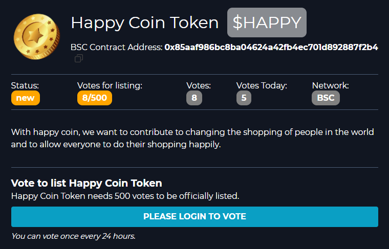 TokenHappy's tweet photo. ✅ Vote to list Happy Coin Token
🗳️ Happy Coin Token needs 500 votes to be officially listed. #happy #happycoin #btc #eth #bnb

🗳️ 🗳️ https://t.co/0N46l0AW8J ✅✅
---------------
$btc $bnb $eth $link $snx $mir $win $knc $ada $xrp $rvn $dot $auto $eps $sxp $xvs $enj $doge $perl https://t.co/g1V6XYrCoV