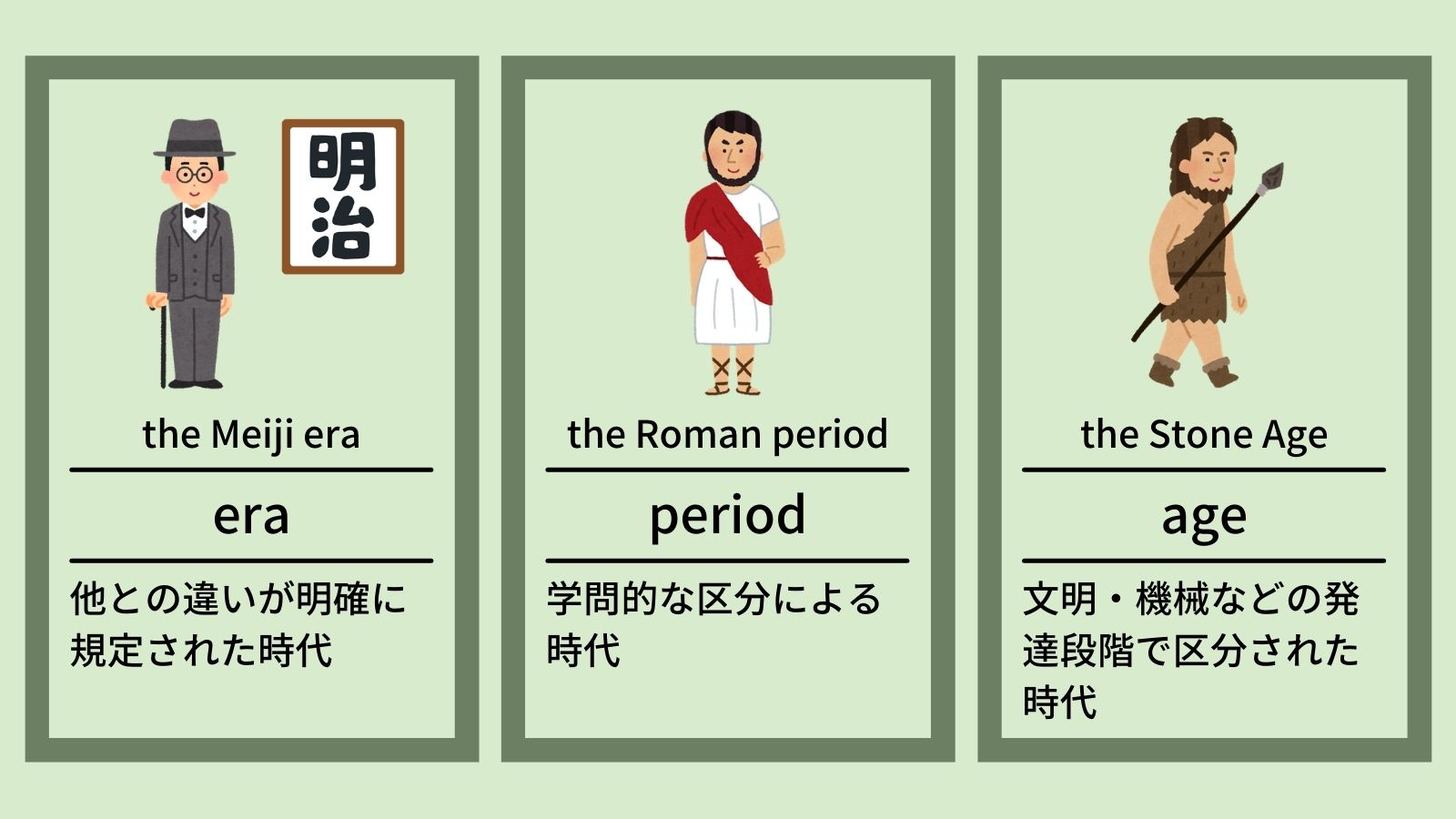 わさび 日本語教師 英語教師 中学校の新しい教科書では Era Period Age という３つの 時代 を表す英単語が出てくるようです これらの違いをしっかり説明しなければなりませんね 学習すべき語彙が増えたということは 使い分け を教える必要も