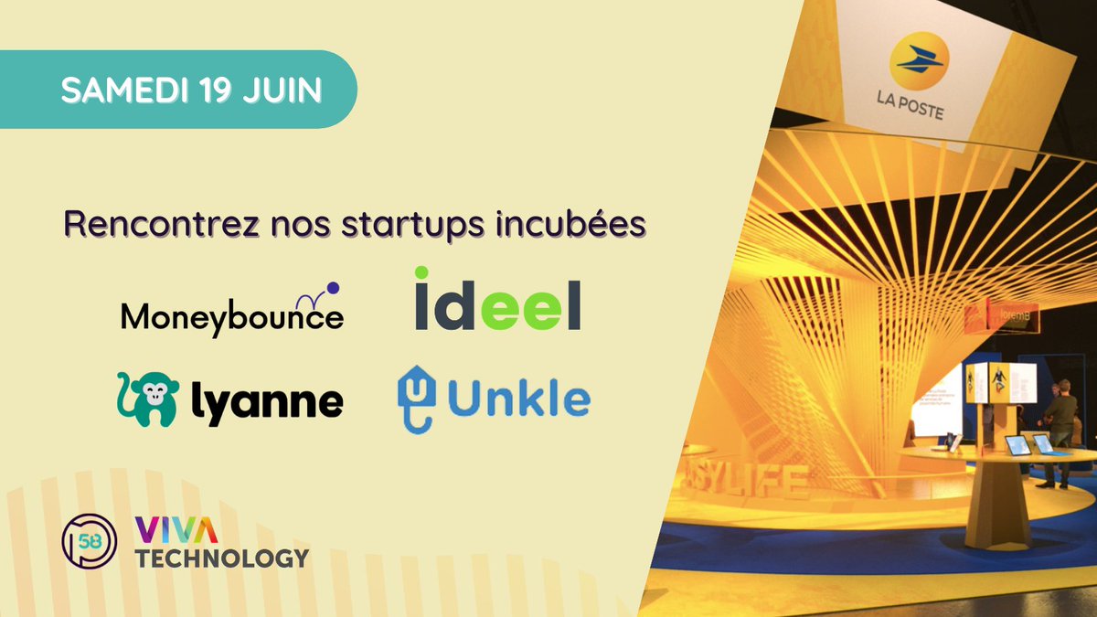platform58 • incubateur FinTech (@p58fintech) on Twitter photo LAST DAY à #Vivatech !
--------
Ne manquez pas nos #startups présentes sur le lab <a href="/GroupeLaPoste/">La Poste Groupe</a> pour cette journée grand public. LAST DAY à #Vivatech !
--------
Ne manquez pas nos #startups présentes sur le lab <a href="/GroupeLaPoste/">La Poste Groupe</a> pour cette journée grand public.