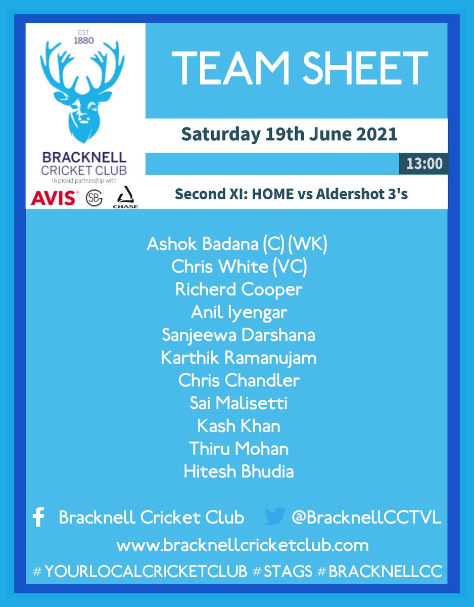 Match day! 

Today the 1s travel to <a href="/BoyneHillCC/">Boyne Hill CC</a> and the 2s host <a href="/Ashotcricket/">Aldershot C.C.</a> at Larges Lane 🏏

Good luck lads!! 🦌

#yourlocalcricketclub #stags #bracknellcc