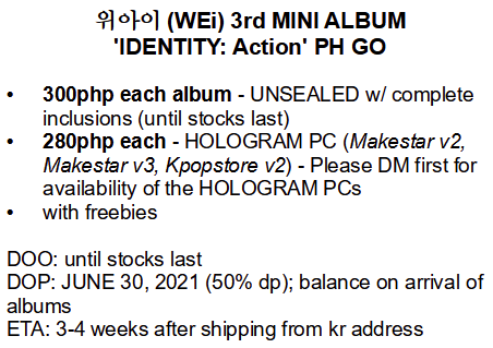 klukahan_shop's tweet photo. 위아이(WEi) 3rd MINI ALBUM 'IDENTITY : Action' PH GO

DOO: until stocks last
DOP: 50% dp 6/30; balance on arrival of albums

ETA: 3-4 WEEKS AFTER SHIPPING FROM KR ADDRESS 

FORM: https://t.co/BG7kRbjAim

WTS LFB wei daehyeon donghan yongha yohan seokhwa junseo action https://t.co/nkuYppcuhB