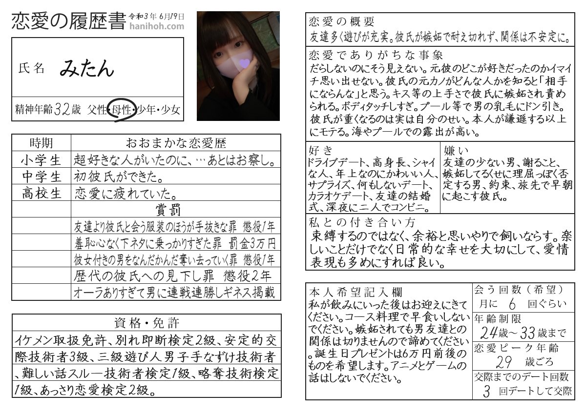 みぃ 流行りの恋愛履歴書やってみた ᐟ ᐟ 普通に合ってるとこあって笑うw T Co 0oktg623hf Twitter
