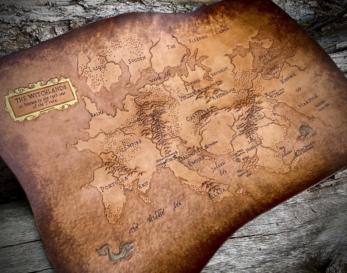 ItsReallyCharly's tweet photo. Made a thing cause I’m a nerd for #TheWitchlands (aka a #Dennerd) @stdennard
The Witchlands Map embossed on leather (19”x26”) https://t.co/pVNEgdhYWN
