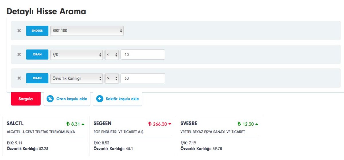 Yine bahsedilen tarih olan 2017'ye  F/K 10 dan küçük öz kaynak karlılığı %30 dan büyük deyince #alctl #egeen #vesbe çıkmış. Daha anlamlı olmuş karlılık girince.