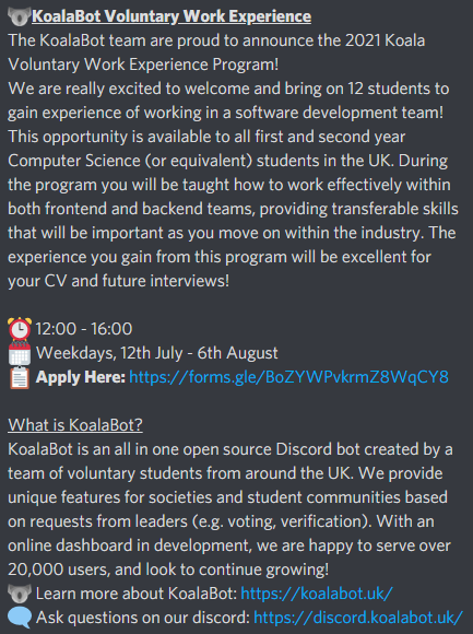 KoalaBotUK's tweet photo. 🐨KoalaBot Voluntary Work Experience

We are so happy to be offering this 4 week opportunity to first and second year computer science (or equiv.) students! Joining will be a great CV booster😉

⏰12:00 - 16:00
🗓 Weekdays, 12th July - 6th August
📋 Apply: https://t.co/HH52qS3NCb https://t.co/UEtUdSITfZ