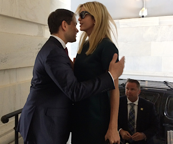 Marco Rubio's an idiot who says Marxism is now called 'equality' and 'the entertainment industry.' A landmark in embarrassment: here's Marco attempting to either hug Ivanka or gift wrap her