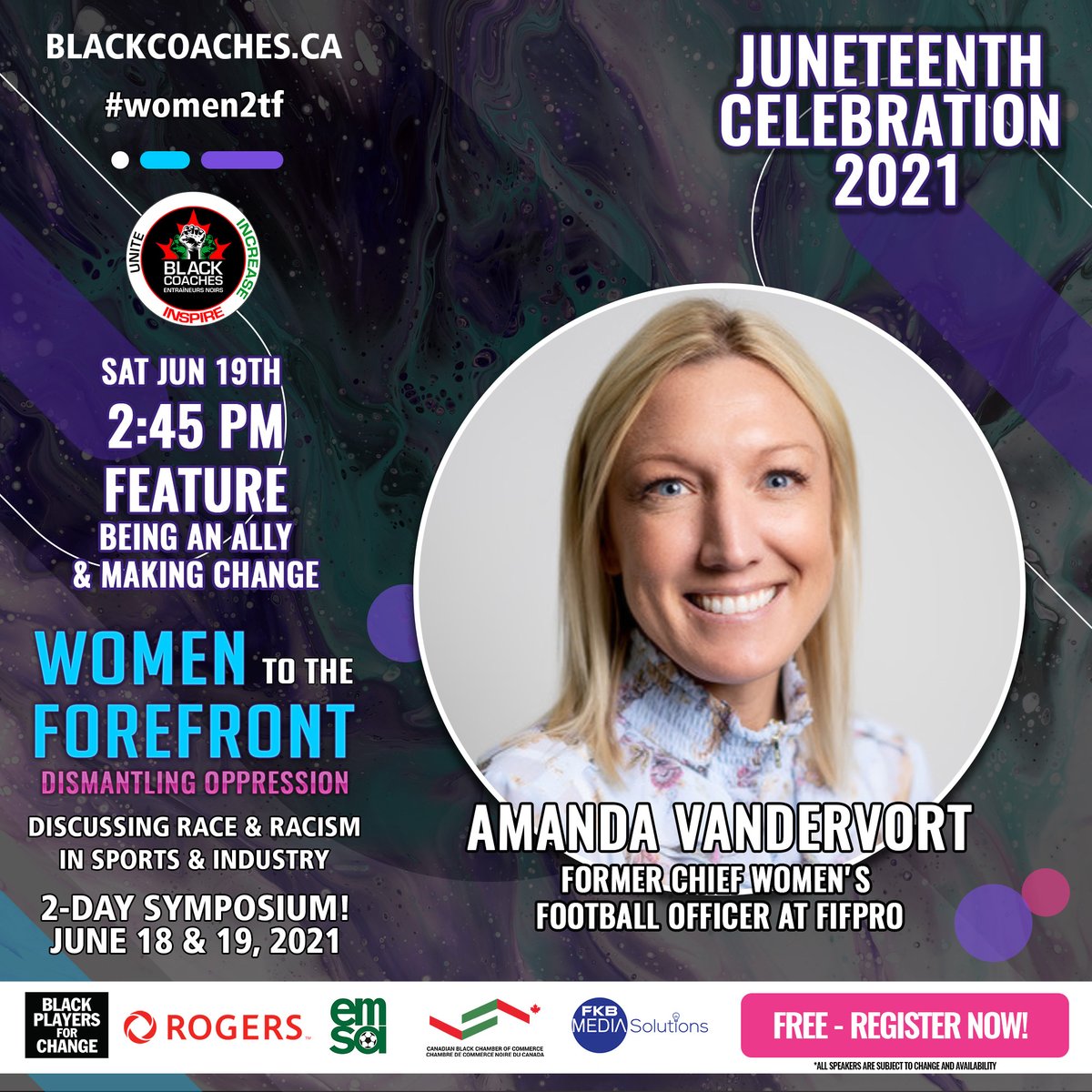 blackcoachesca's tweet photo. @vandey01 will be speaking @blackcoachesca #women2tf Brought to you by Black Players For Change @BPCMLS. 
A Leadership Symposium on race &amp; racism in sports &amp; industry on today at 4:00 PM for #Juneteenth 
Join us: https://t.co/RyYfGxBRn7 https://t.co/CEllgOpYCK