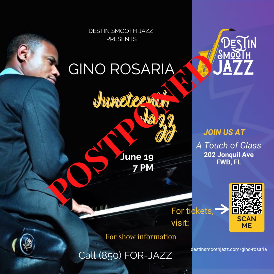DestinSmoothJaz's tweet photo. We believe your safety and the safety of the band members are of utmost importance.  We have postponed Juneteenth Jazz and are working on a date in July. We thank you for your support and understanding. https://t.co/s0ey5rAyOa