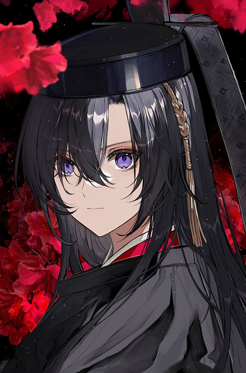 solo black hair long hair purple eyes hat looking at viewer flower  illustration images