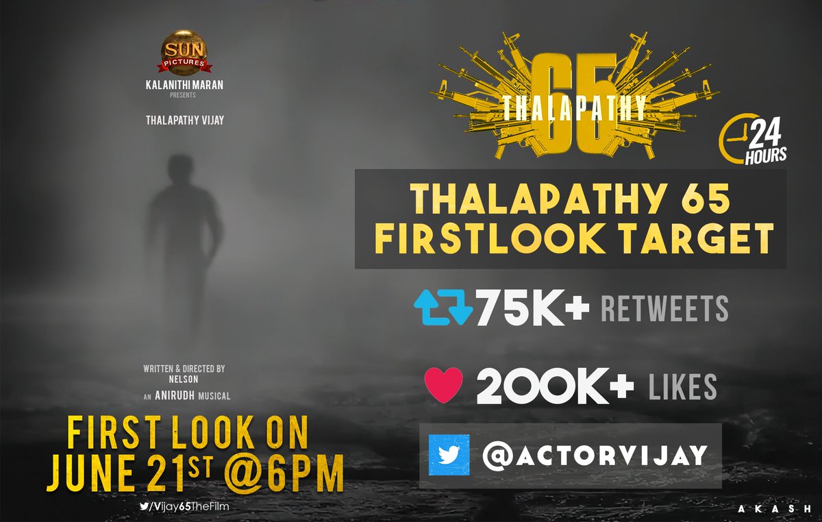 _VJ_fanatic's tweet photo. Here Is The 24hrs Target For #Thalapathy65FirstLook 💥💥
#Senjitapochu @actorvijay #Master 👑 https://t.co/WHGrOHFmFL