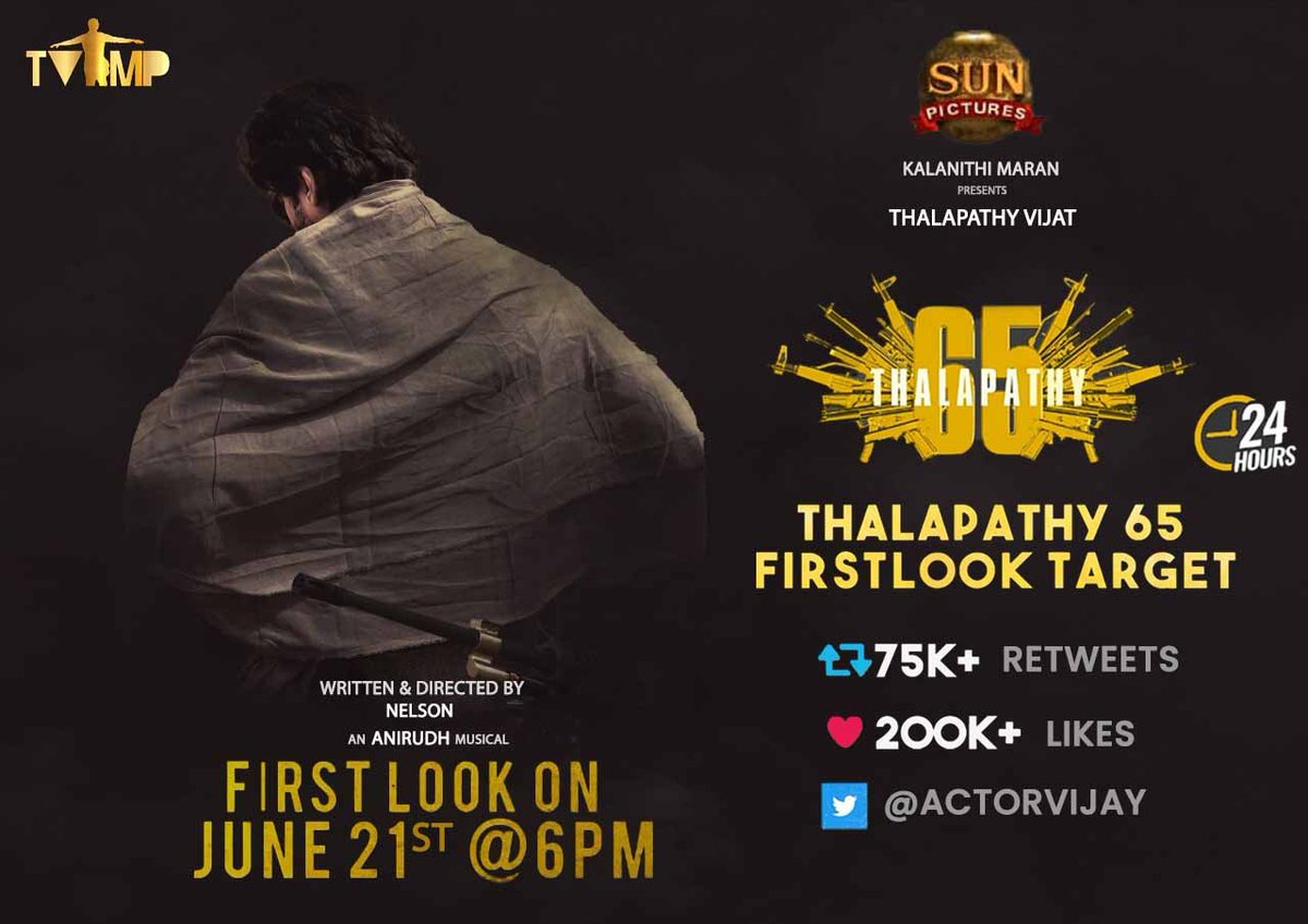_VJ_fanatic's tweet photo. Here Is The 24hrs Target For #Thalapathy65FirstLook 💥💥
#Senjitapochu @actorvijay #Master 👑 https://t.co/WHGrOHFmFL